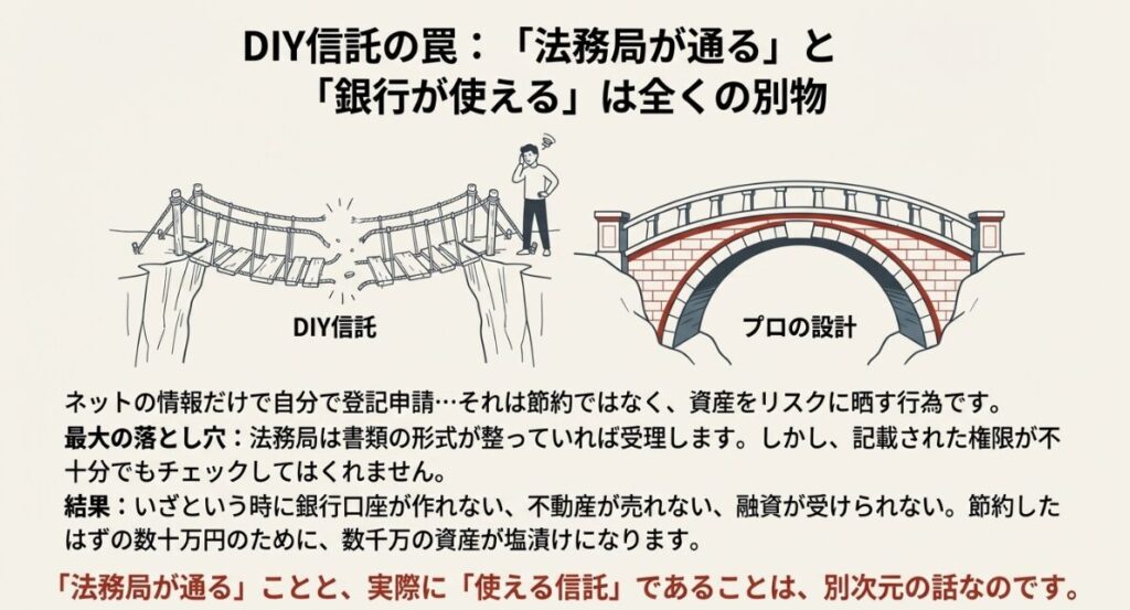 自分で手続きする家族信託(DIY信託)のリスクと専門家設計の安全性を比較したイラスト