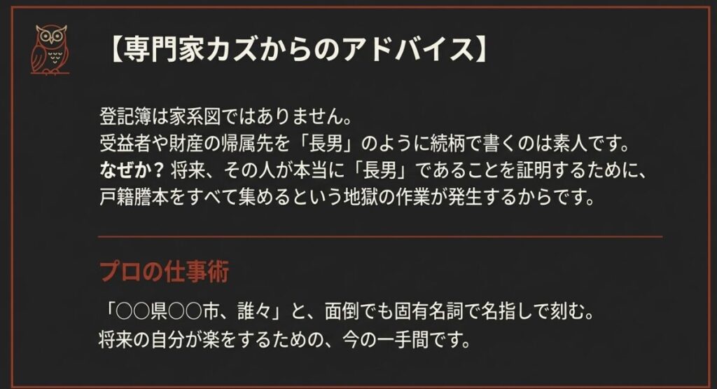 登記簿には続柄ではなく固有名詞で記載すべきという司法書士の実務的な注意点