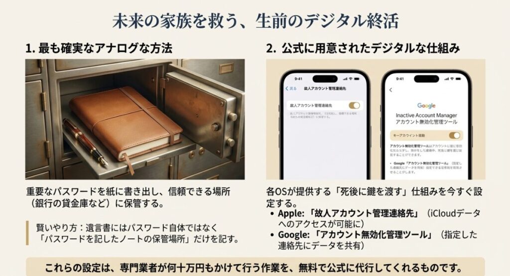 Appleの故人アカウント管理連絡先やGoogleのアカウント無効化管理ツールの設定画面をイメージした解説スライド。