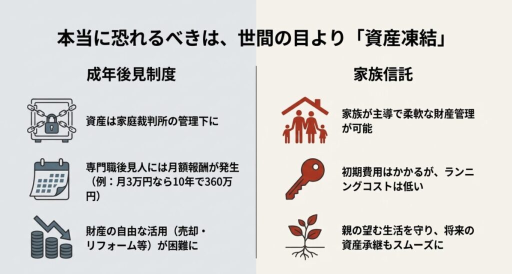 成年後見制度にかかる月額報酬と家族信託のランニングコストを比較したグラフ