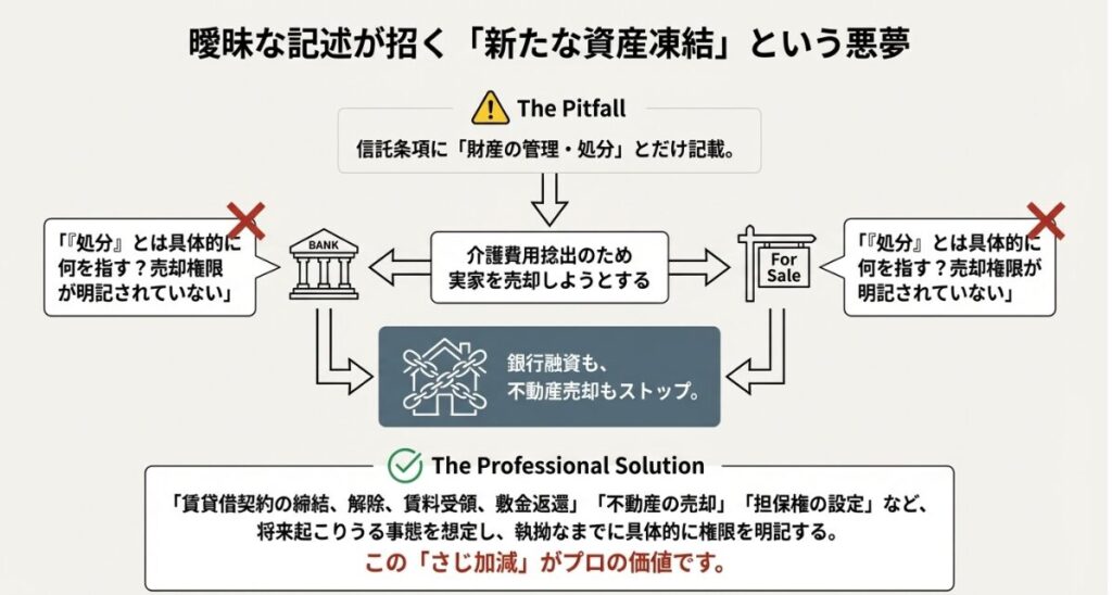 信託条項の記載が曖昧なために不動産売却ができなくなる失敗事例のフローチャート