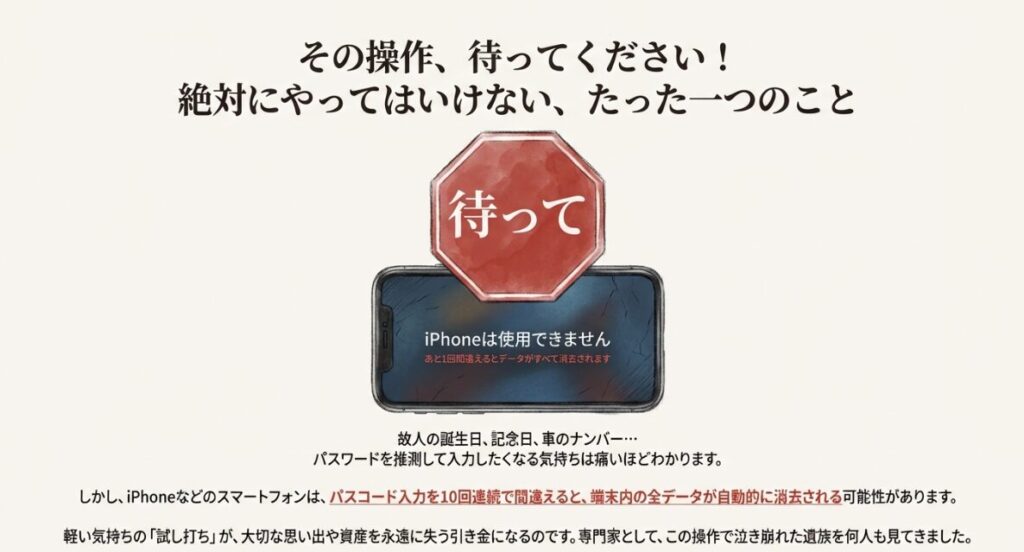 iPhoneは使用できませんという画面表示と一時停止の標識。10回間違えるとデータが消去されるリスクの警告。