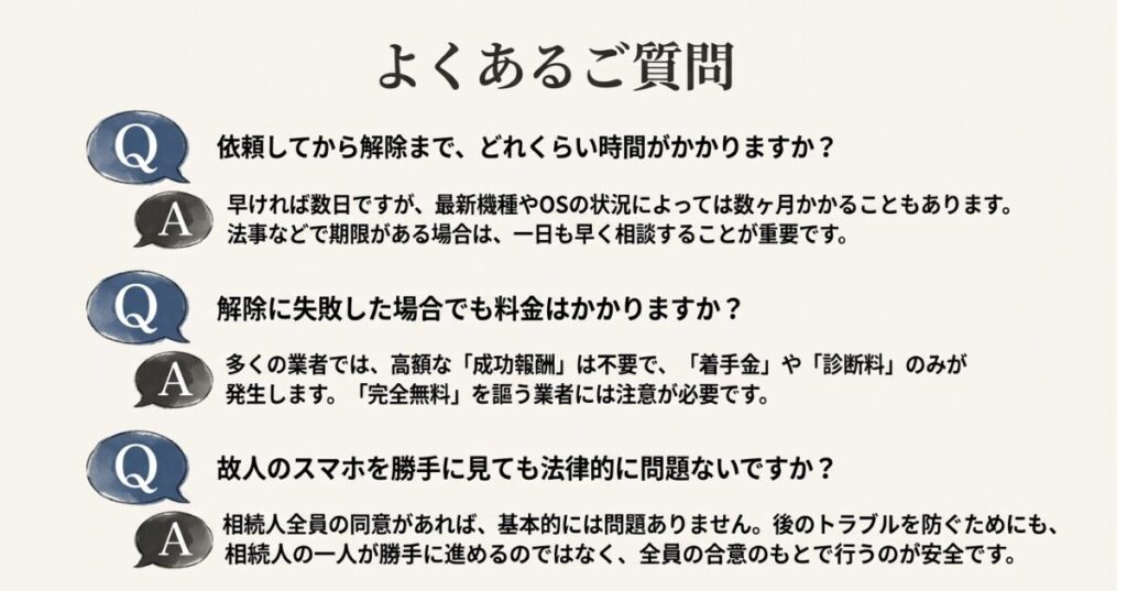 作業にかかる期間、失敗時の費用の有無、法的な問題についてのよくある質問と回答。