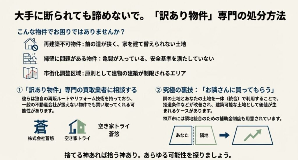 一般の不動産会社で断られる訳あり物件の専門買取業者活用や、隣地購入による価値向上のスキーム図。