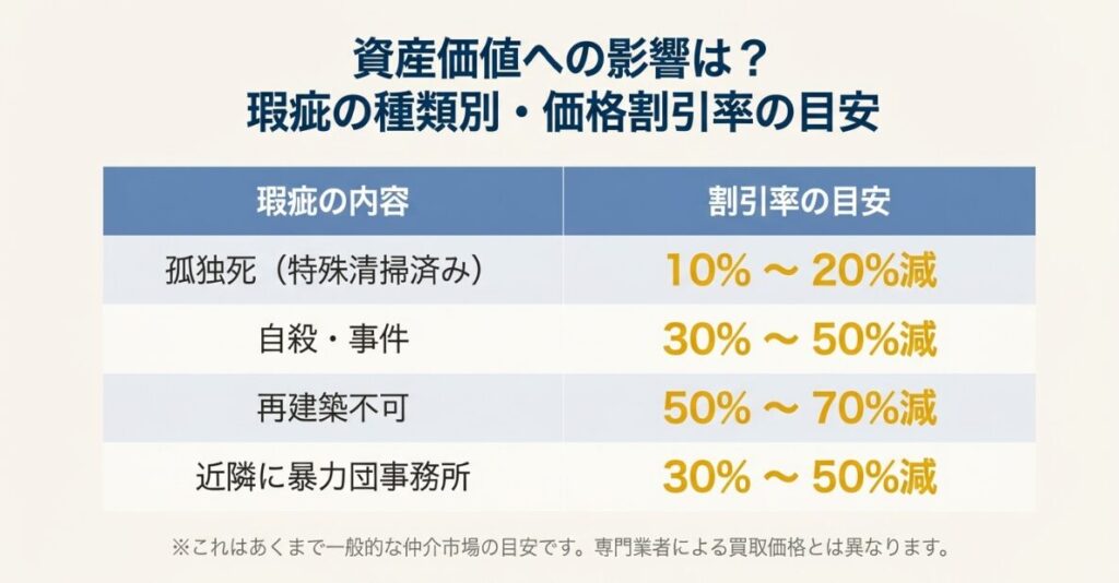 孤独死や自殺、再建築不可などの瑕疵内容に応じた不動産価格の割引率をまとめた表