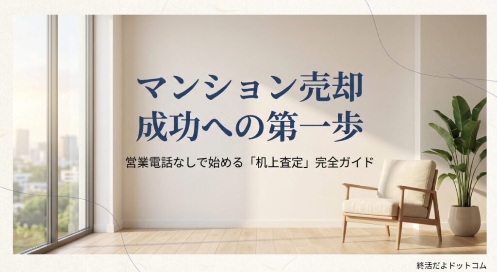 窓の外を見ながらマンションの売却価格について考えている男性と、疑問を解決することを伝えるイラスト