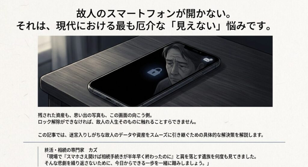 スマートフォンのロック画面に故人の顔が映し出され、ロック解除ができないことによる相続手続きの遅れを警告するイメージ図