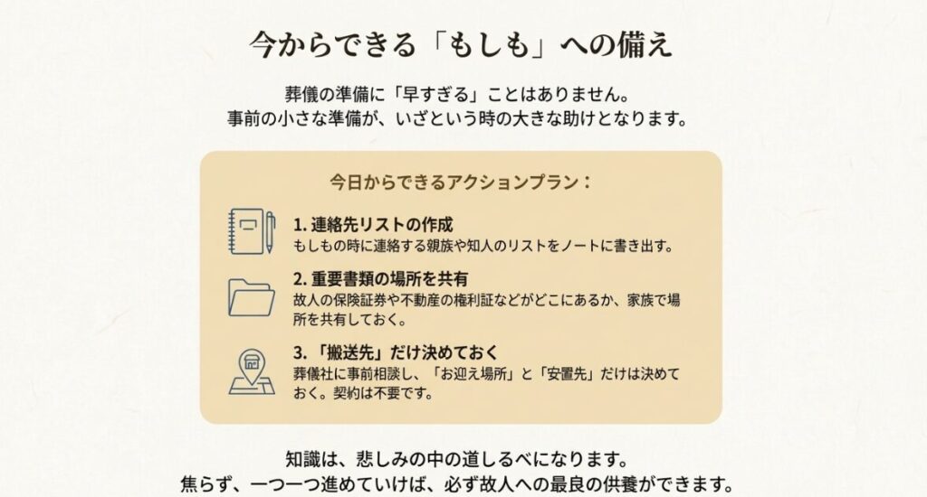 連絡先リスト作成や重要書類の共有など、生前からできる具体的なアクションの提案。