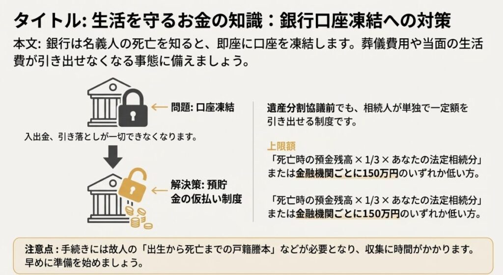 口座凍結への対策として、相続人が一定額を引き出せる仮払い制度の解説