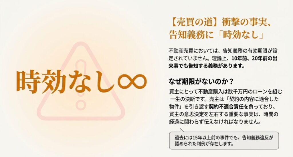 売買契約では告知義務に期間の定めがなく事実上永続することを示す注意喚起画像