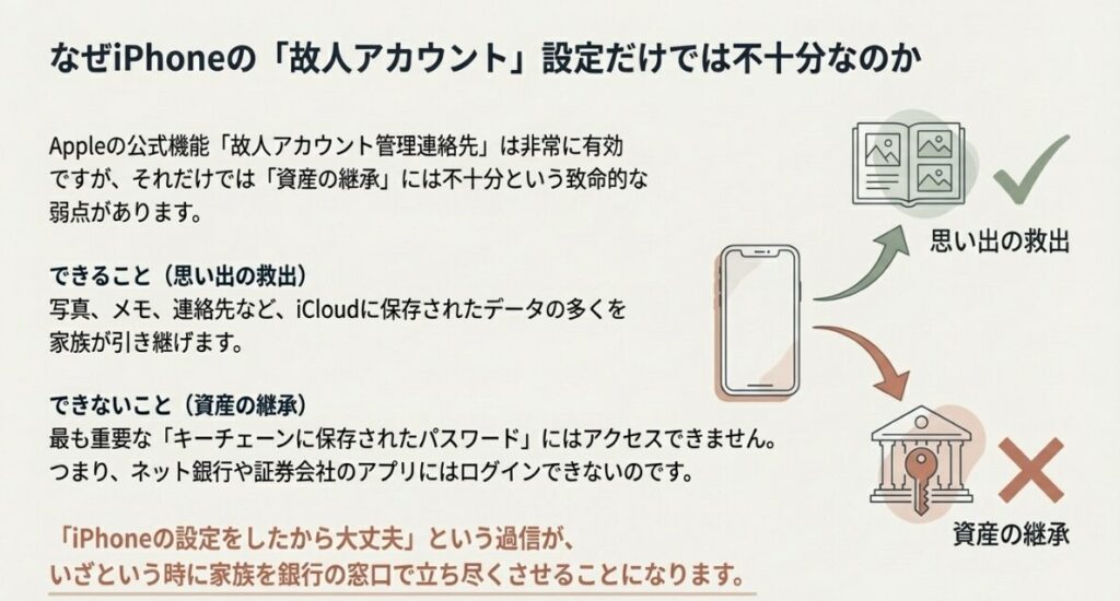 思い出の救出はできるが、パスワードなどの資産継承には不十分であることを示す資料