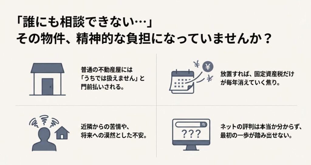 訳あり物件を手放して心の重荷を下ろす方法を専門家が解説する資料の表紙