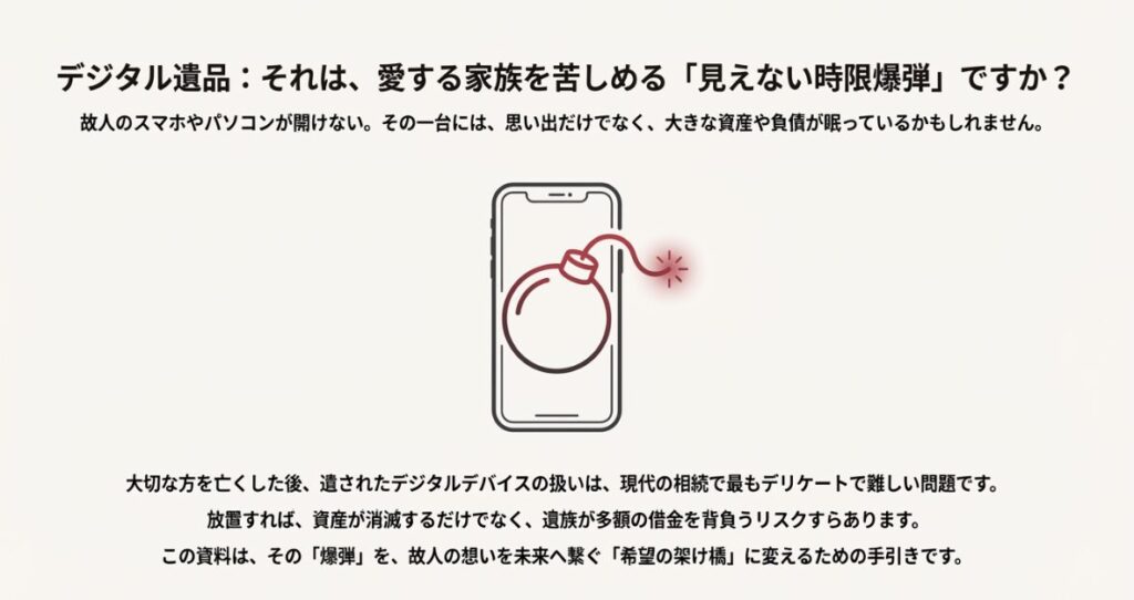 デジタル遺品を「資産的価値」「精神的価値」の2軸で分類し、それぞれの具体例をまとめた図解