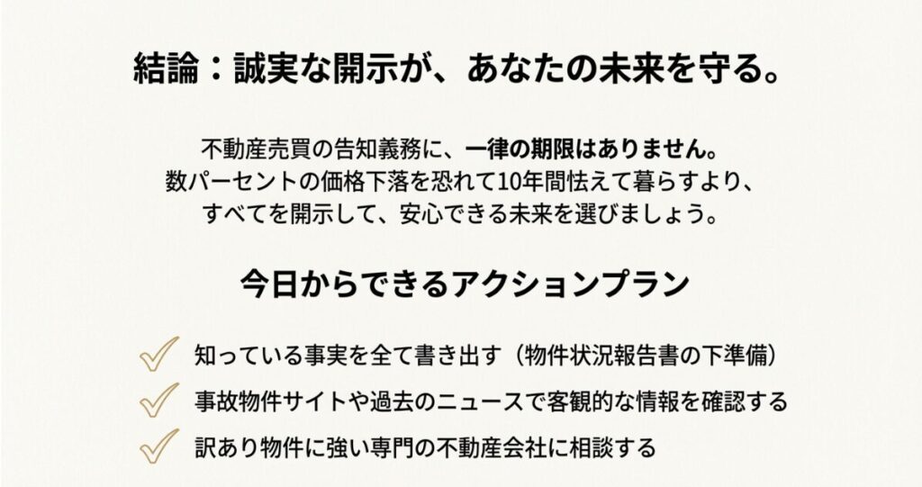 事実の書き出しや専門家への相談など、今日からできるアクションをまとめた結論スライド。