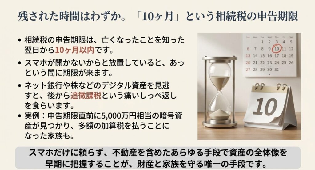 相続税申告の期限と、デジタル資産の見落としによる追徴課税のリスクを警告するカレンダー入りの画像。