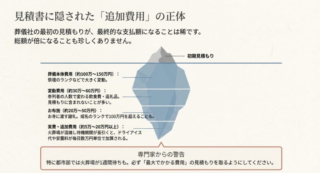 葬儀本体費用、変動費用、お布施、および待機期間により加算される追加費用の内訳。