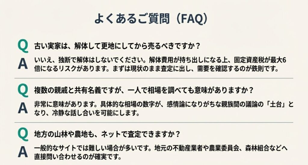 建物の解体判断や共有名義での相場調査、特殊な土地の相談先など、よくある疑問への回答。