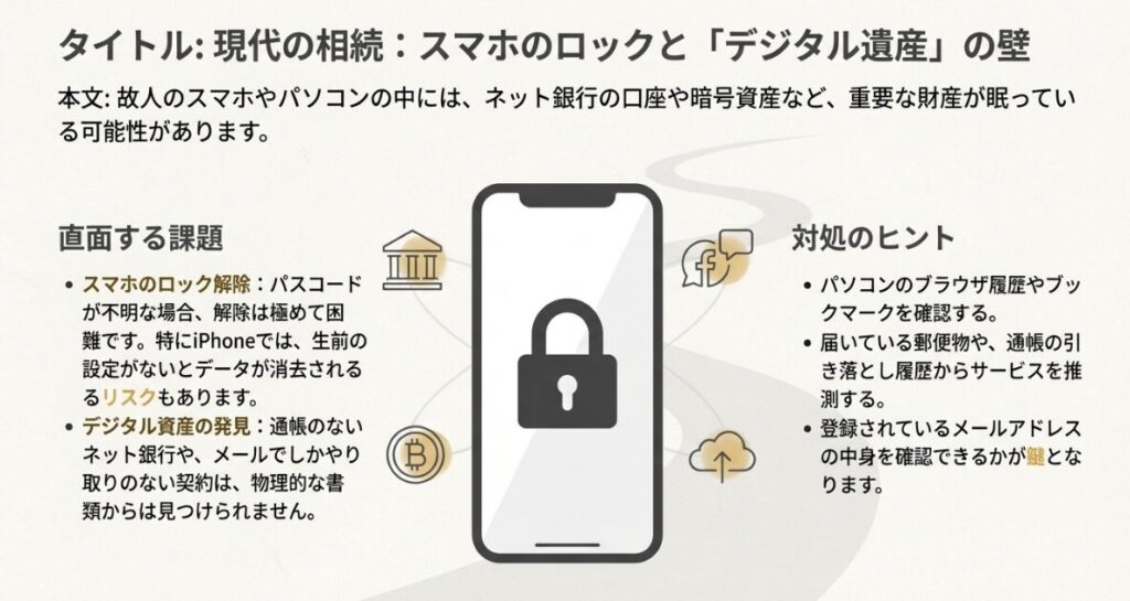 デジタル資産の発見方法や、スマホのパスコードが不明な場合の対処のヒント 。