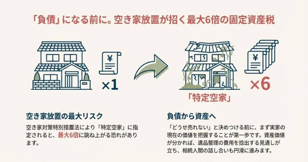 管理された家と放置された家のイラストで、固定資産税の差を表現した図。