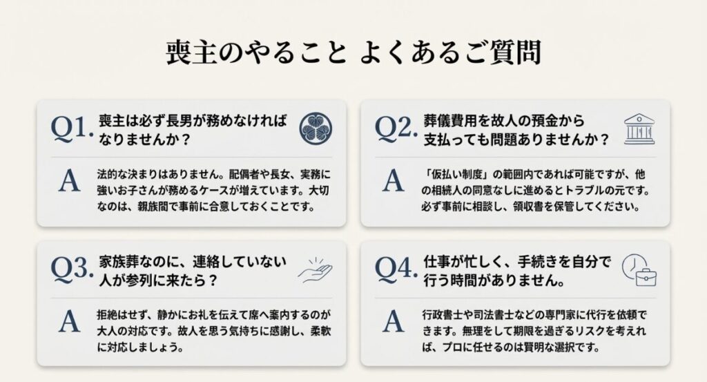 喪主の選定や葬儀費用の支払い、専門家への代行依頼に関するよくある質問