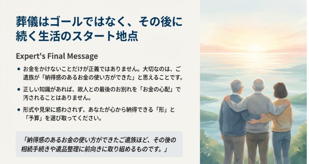 形式や見栄に惑わされず、遺族が納得できる予算と形を選ぶことが、その後の生活や手続きに前向きに取り組む鍵であることを伝える画像。