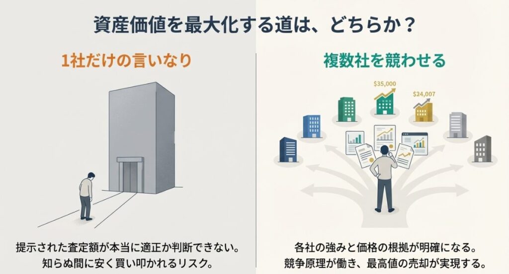 最大6社に無料で査定依頼ができ、地域のプロを比較して選べるリビンマッチのサービス特徴。