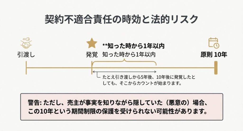 引き渡しから10年、発覚から1年といった法的責任の時効に関する解説図。
