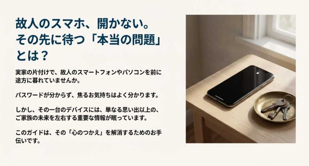 机の上に置かれたロック画面のスマートフォンと家の鍵。