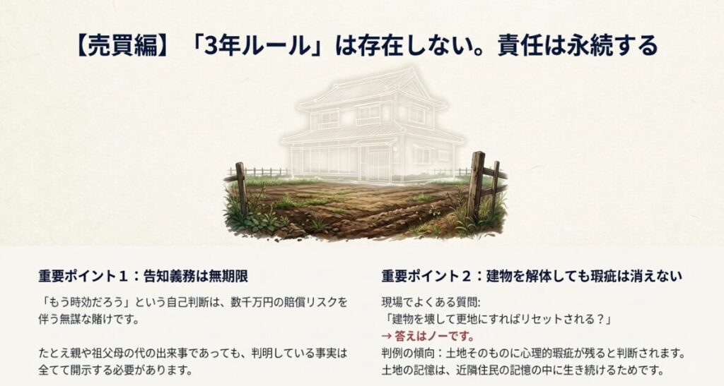 売買においては3年ルールは存在せず、たとえ数十年前の出来事であっても判明している事実は全て開示が必要であることを示す図 。