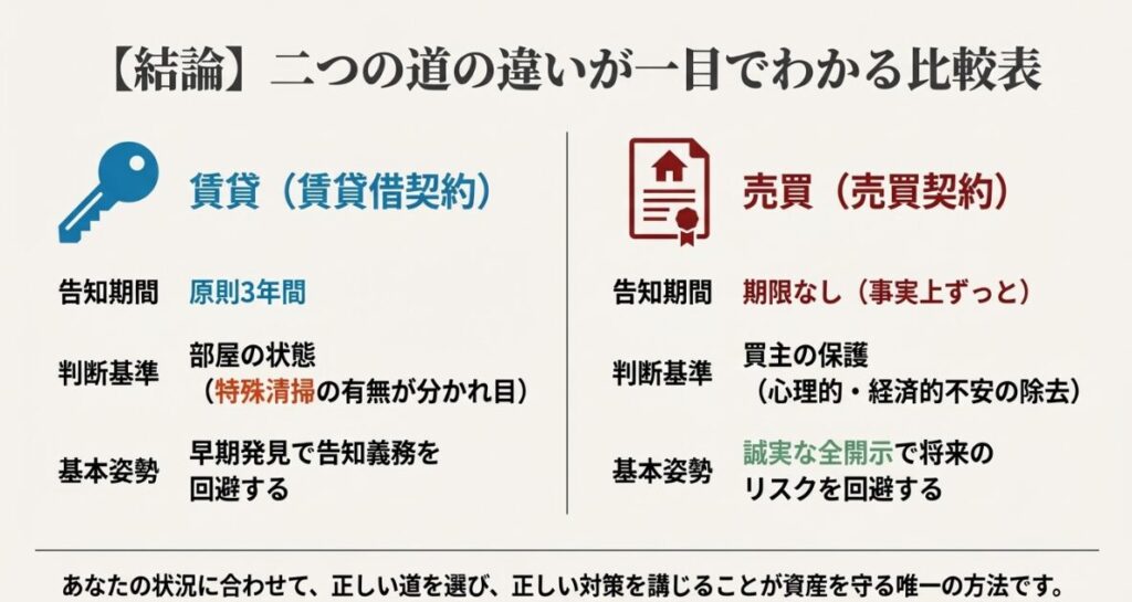 賃貸と売買での告知期間、判断基準、基本姿勢の違いをまとめた比較表