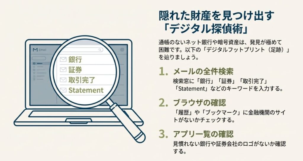 虫眼鏡でパソコン画面のメール履歴を検索し、銀行や証券の文字を探すイラスト。