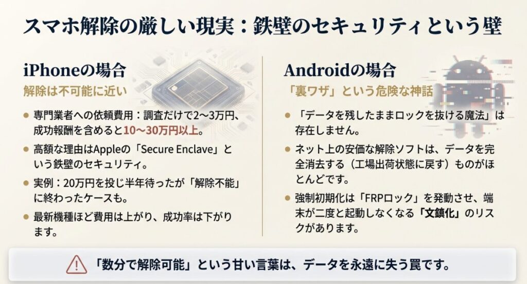 iPhoneの解除費用相場とAndroidの初期化リスクを説明するスライド。専門業者の費用感や文鎮化の危険性を記載。