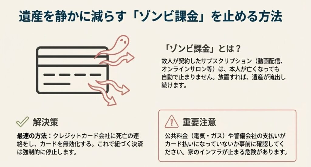 クレジットカードから月額料金が流れ出していく様子と、それを止める対策の解説。