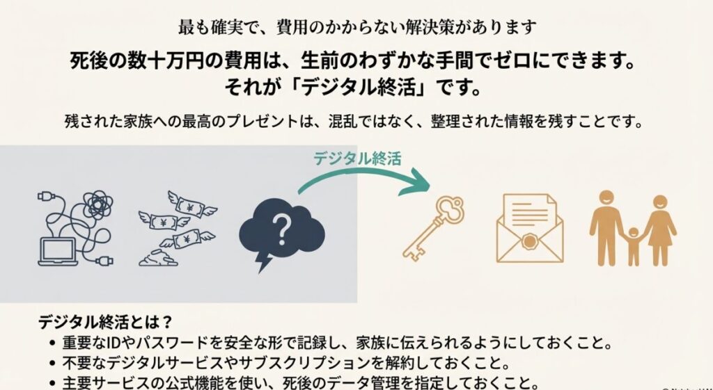 生前の準備で死後の費用を抑えられることを説明するスライド