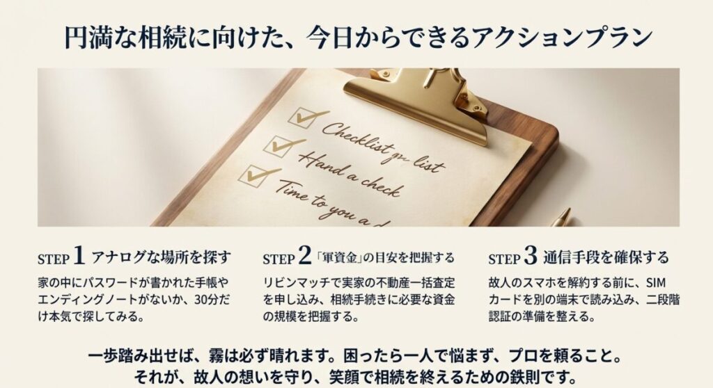 アナログ調査、不動産査定による資金把握、通信手段の確保という3つのステップをまとめたアクションプランのスライド。
