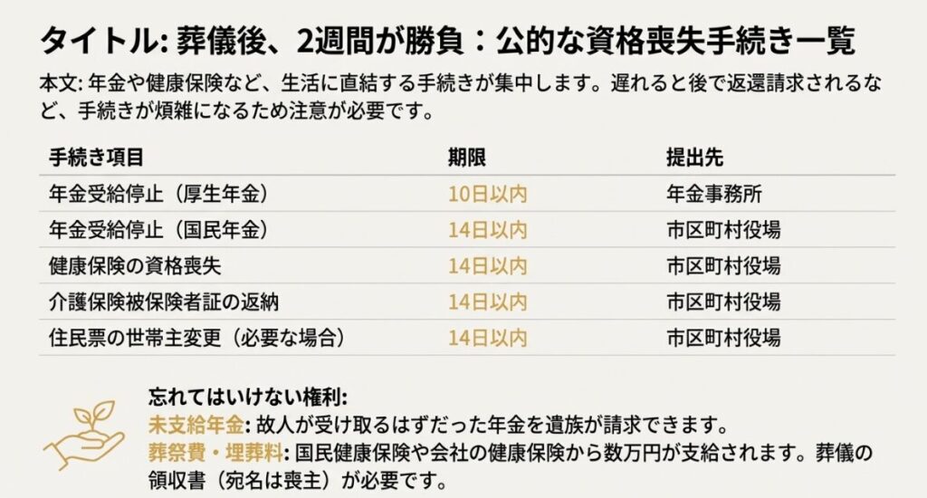 年金、健康保険、介護保険などの資格喪失手続きの期限と提出先の一覧表