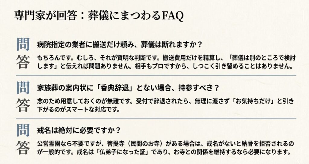 搬送の断り方や香典辞退への対応、戒名の必要性について専門家が回答するFAQ。