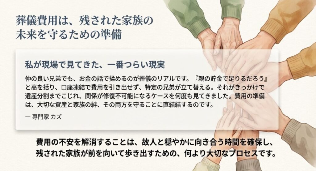 葬儀費用の準備が大切な資産と家族の絆を守ることに繋がるという専門家のメッセージ