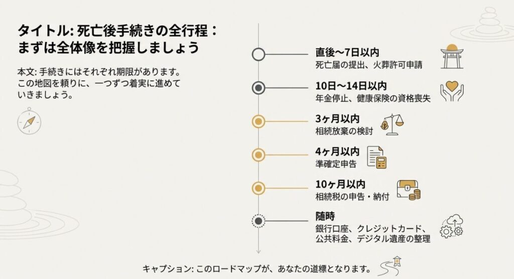 死亡直後から10ヶ月以内までの各手続きの期限をまとめたロードマップ 。