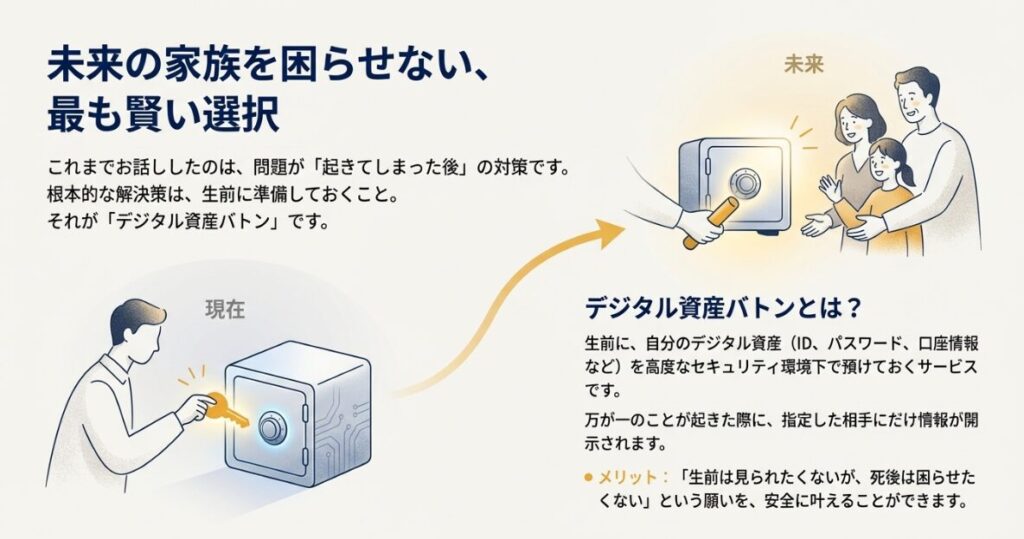 次世代へ安全に情報を引き継ぐためのツール「デジタル資産バトン」の仕組みを図解したスライド