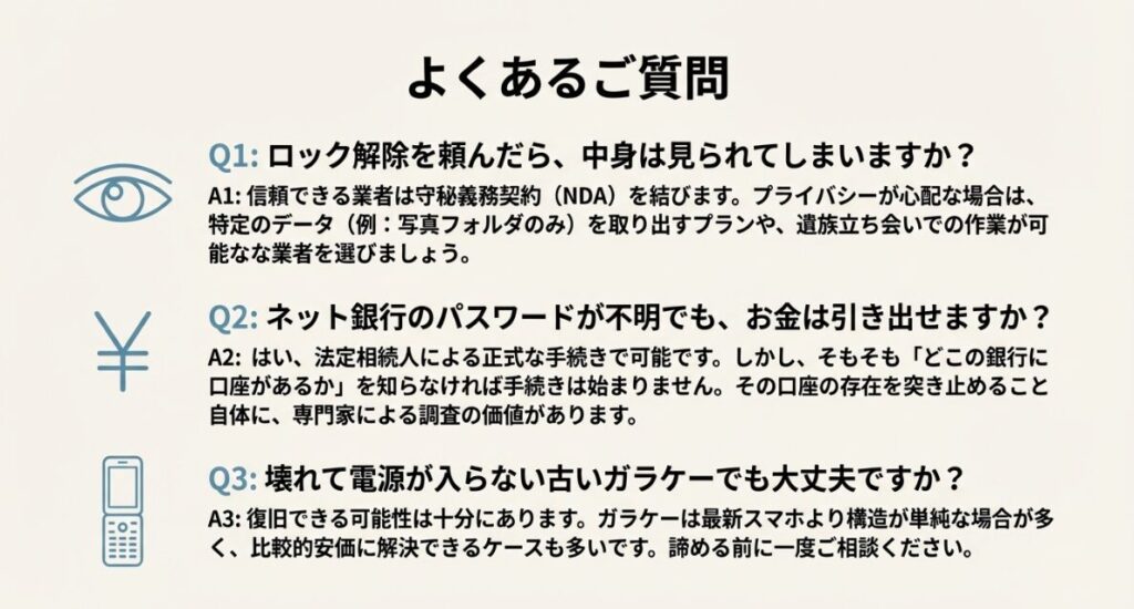 プライバシーやネット銀行、ガラケーに関するQ&Aスライド