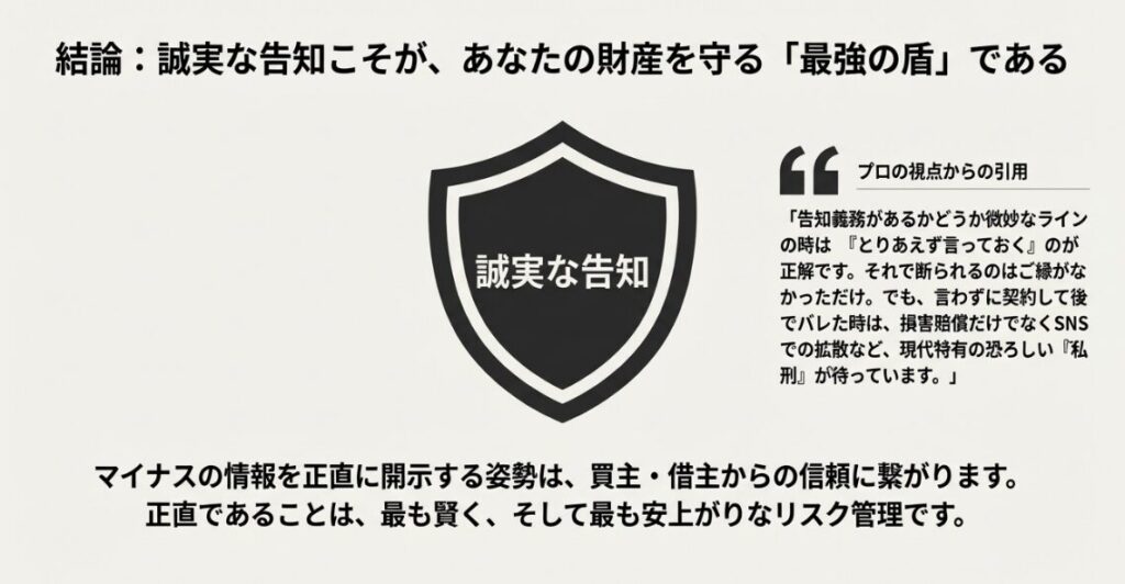 情報を適切に開示することが数千万円規模の損害賠償リスクから身を守る盾になるという概念図