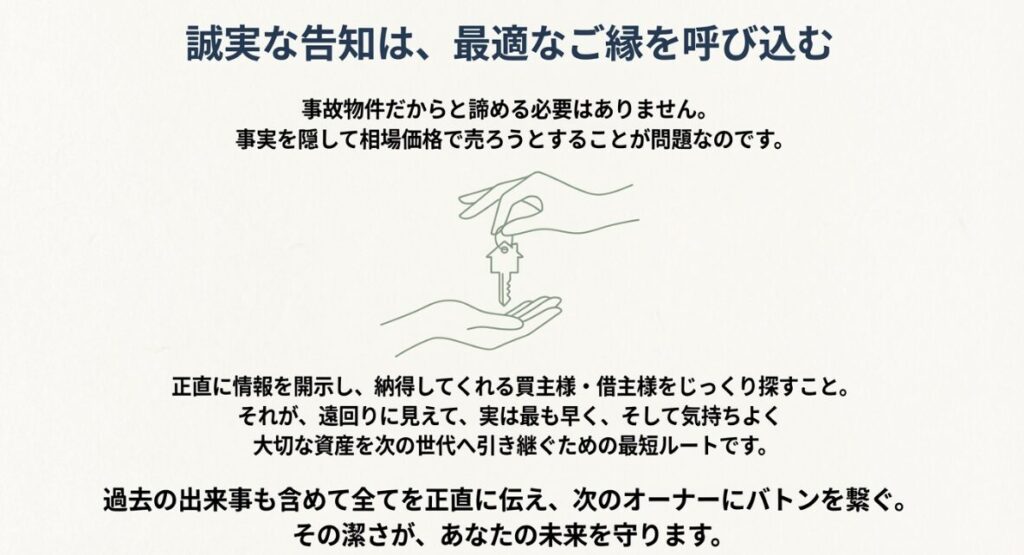 家の鍵を渡すイラストと共に、正直な情報開示が大切な資産を引き継ぐ最短ルートであることを伝えるスライド