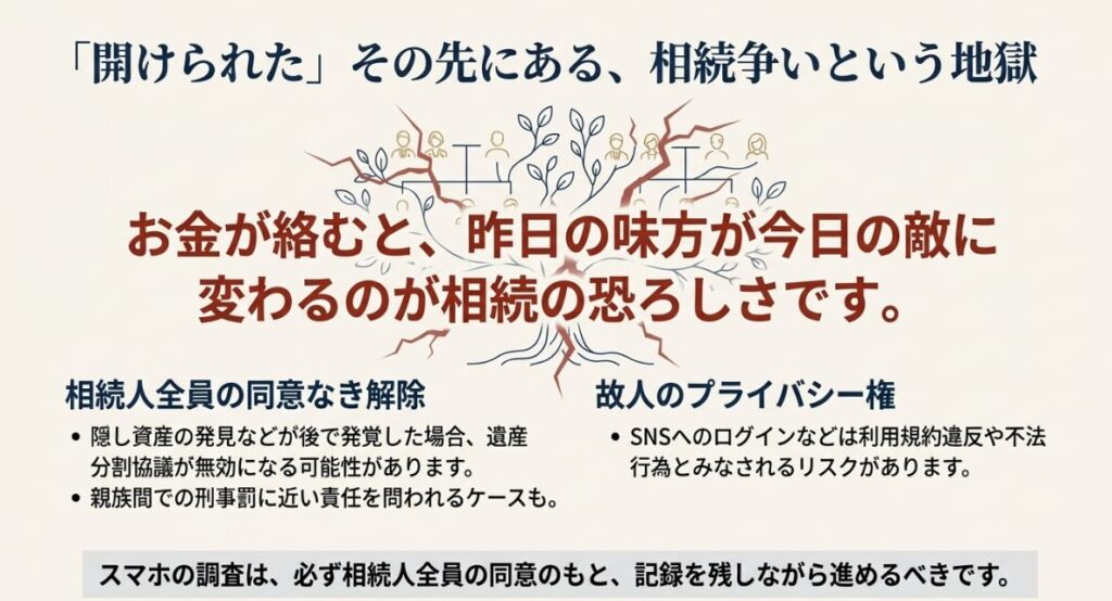 スマホ解除に固執するリスクと、戸籍謄本や郵便物による資産把握の有効性を比較解説するスライド。
