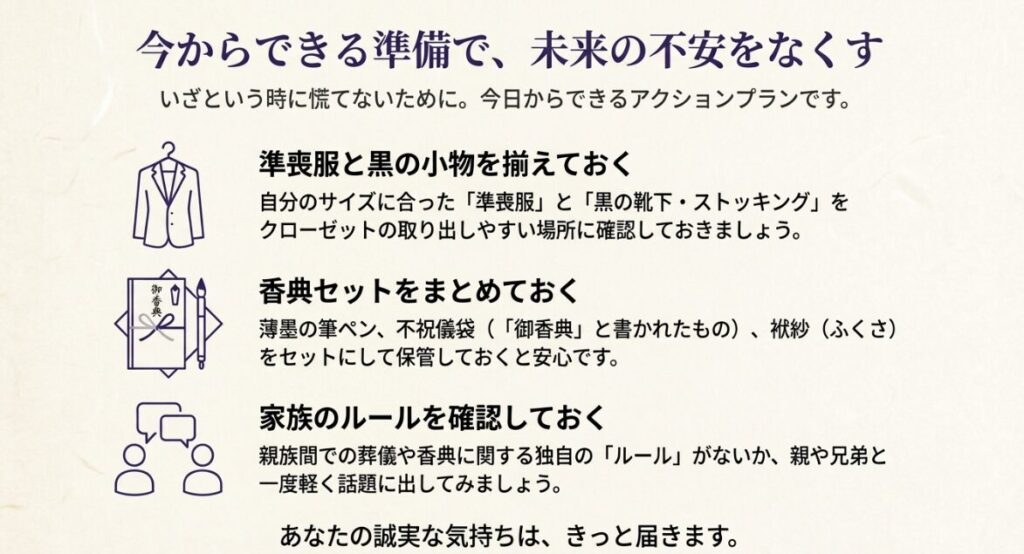 準喪服の準備、香典セットの保管、家族間ルールの確認を提案するアクションプラン