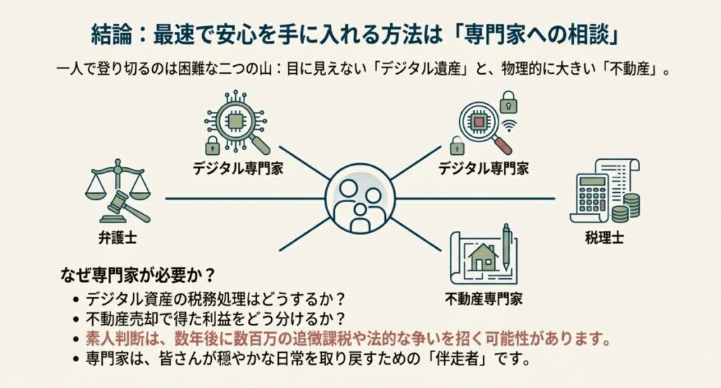 弁護士やデジタル専門家、税理士などが相談者をサポートする構成図。