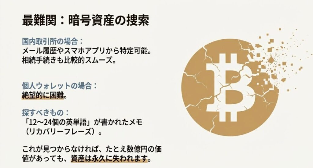 暗号資産の捜索における国内取引所と個人ウォレットの違い、および探すべき「リカバリーフレーズ」の重要性を説明するスライド。