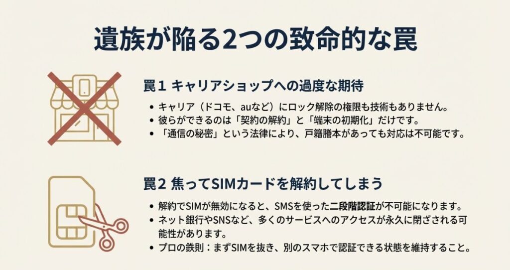 キャリアショップではロック解除ができないことや、SIM解約により二段階認証ができなくなるリスクを警告する画像。