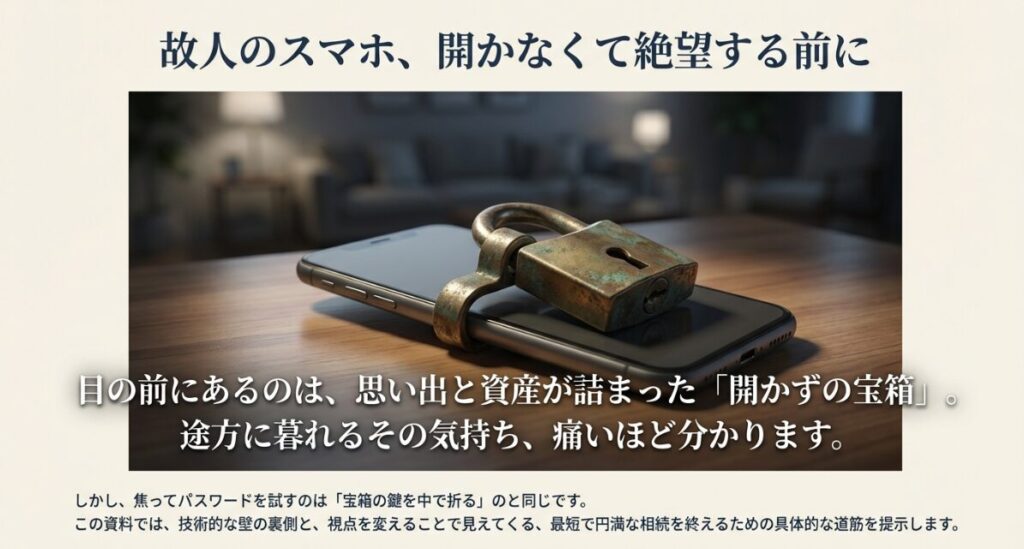 故人のスマホが開かない時の対策と円満な相続への道筋を解説する資料の表紙画像。
