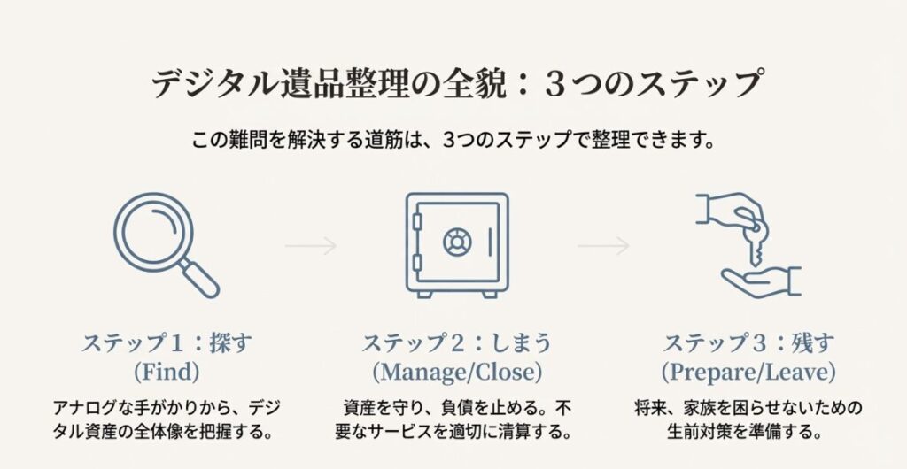 スマホのロック解除を試みる前に探すべき物理的な場所(手帳、メモ帳、スマホケースの裏側など)をリストアップしたスライド。